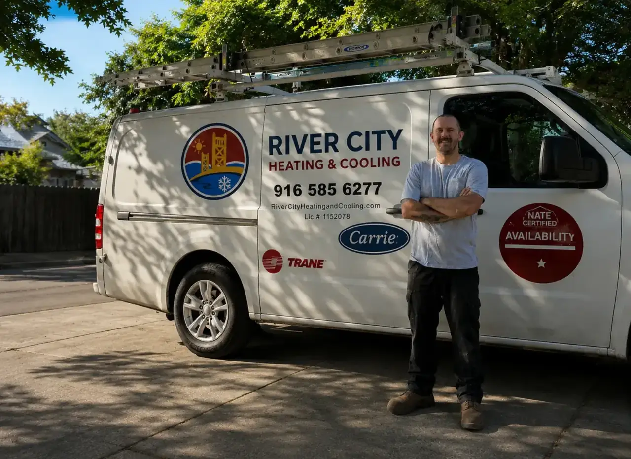 River City Heating & Cooling technician with branded service van in Sacramento